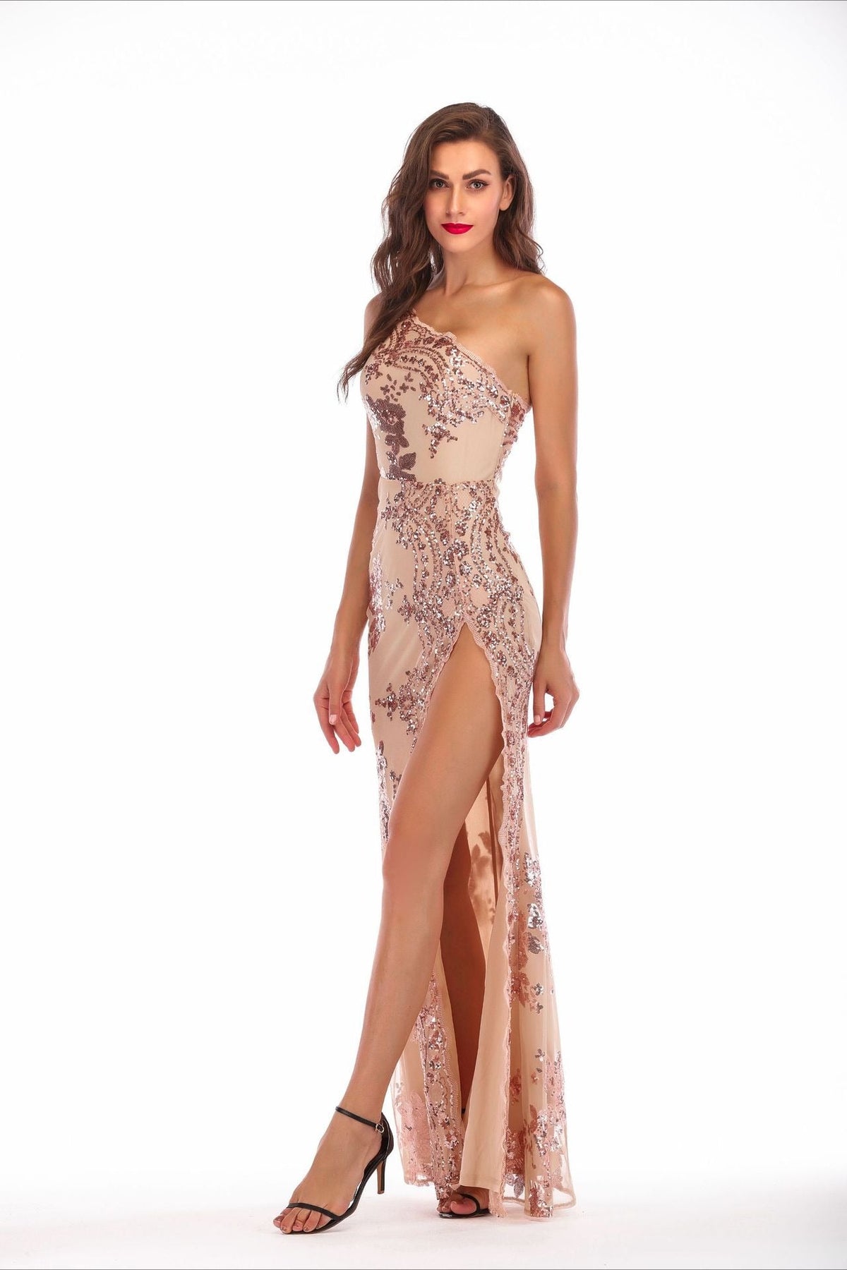 Sequin One Shoulder Sheer Mesh High Split Maxi Gown
