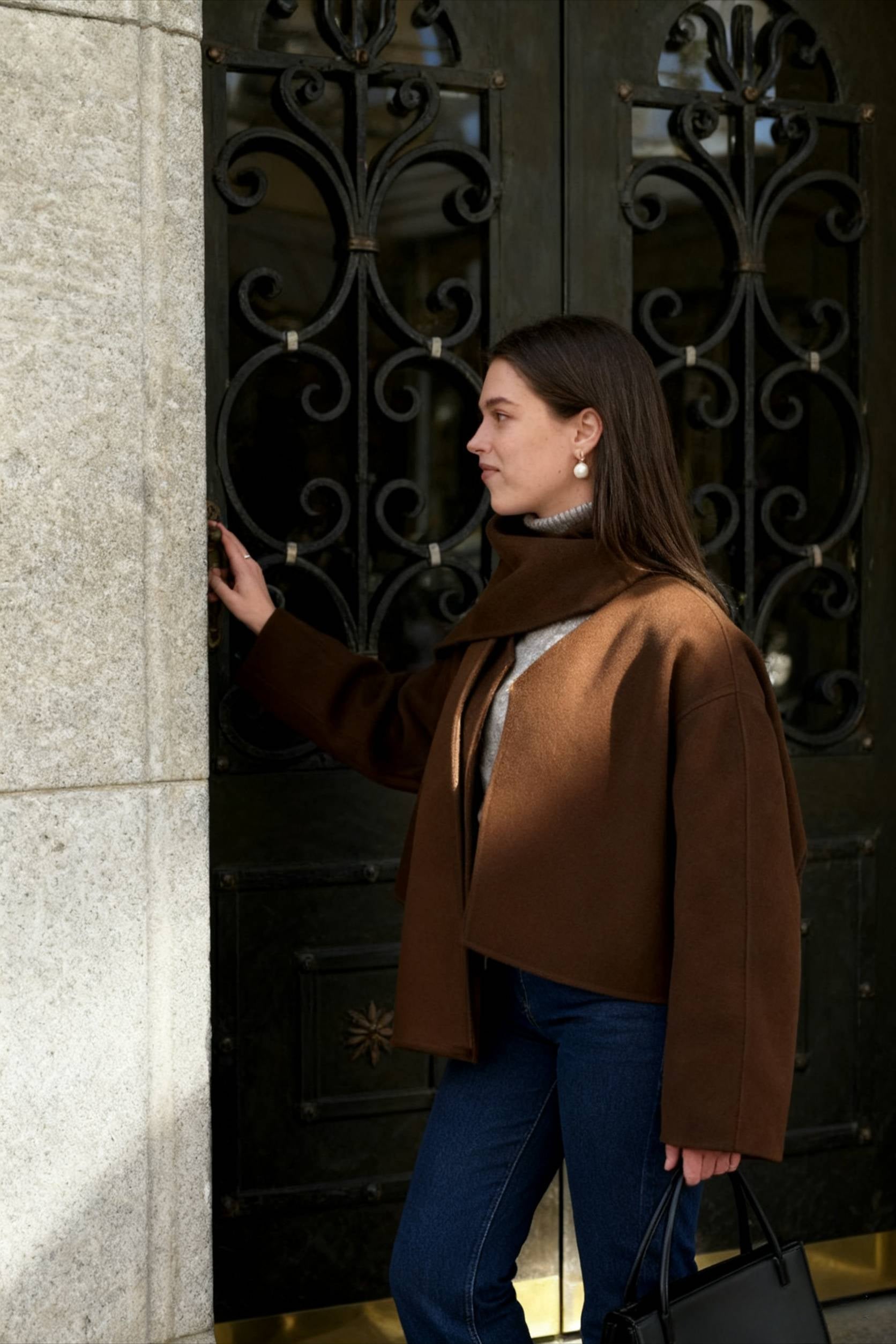 Brown Woolen Round Neck Scarf Coat - Fashionpara