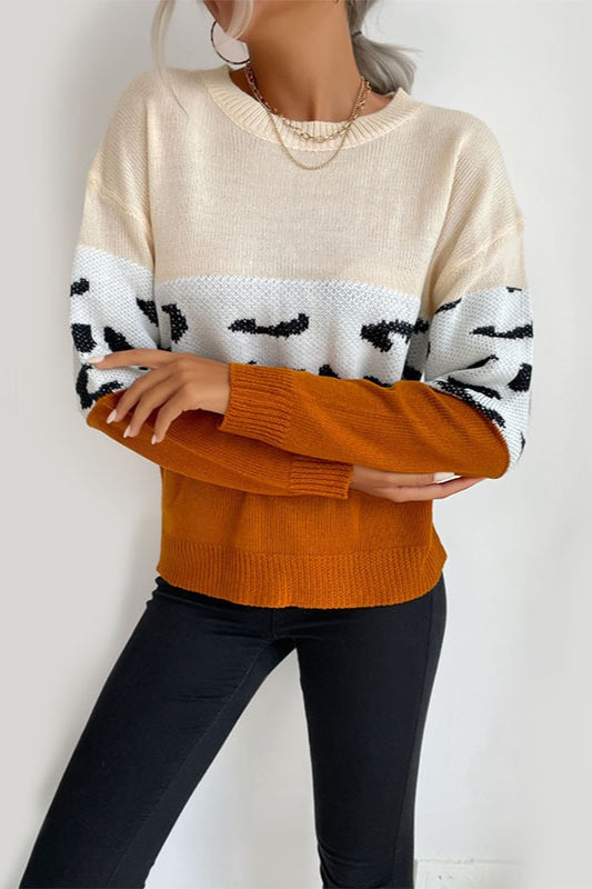 Contrast Leopard Pattern Knit Sweater for Stylish Comfort