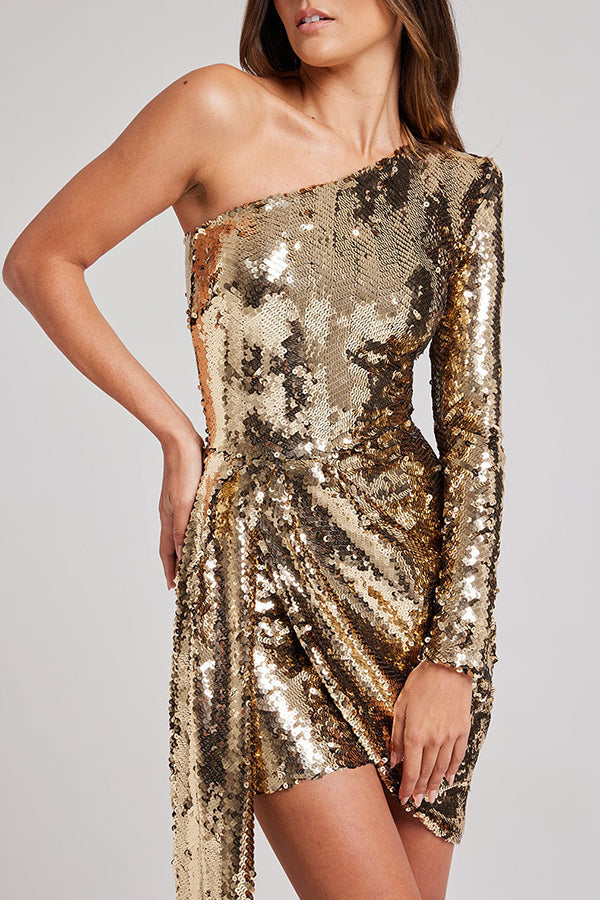 Sequin One Shoulder Long Sleeve Draped Asymmetric Hem Mini Dress