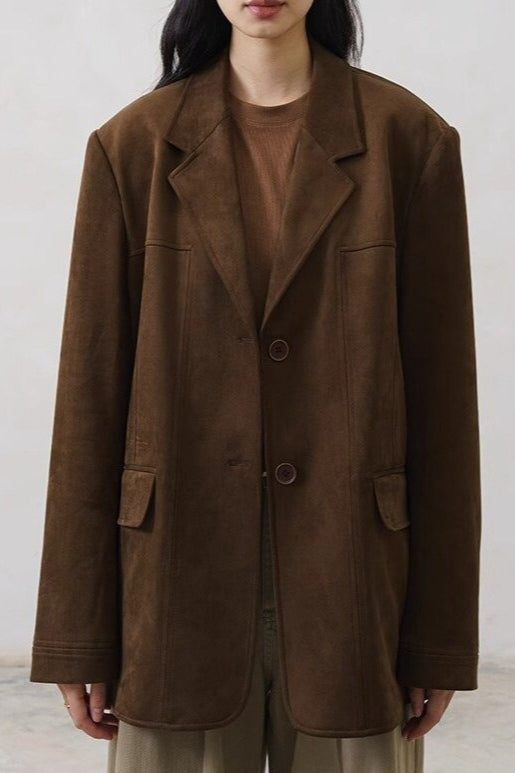 Brown Faux Suede Blazer Coat - Fashionpara