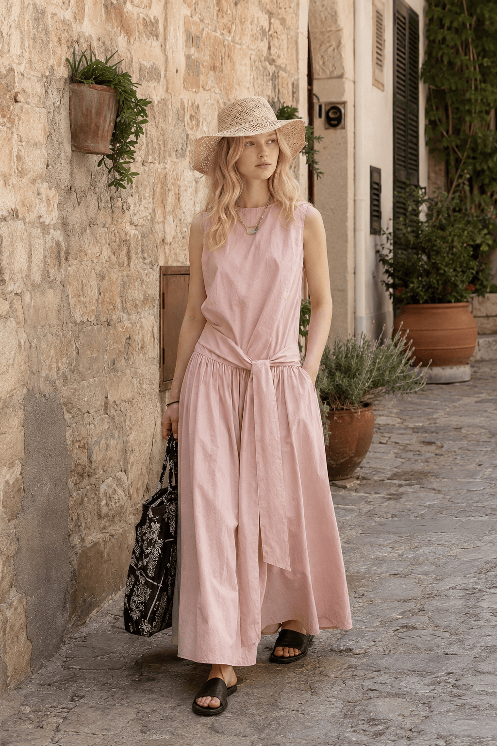 Sleeveless Drop-Waist Tie-Front Tiered Maxi Dress