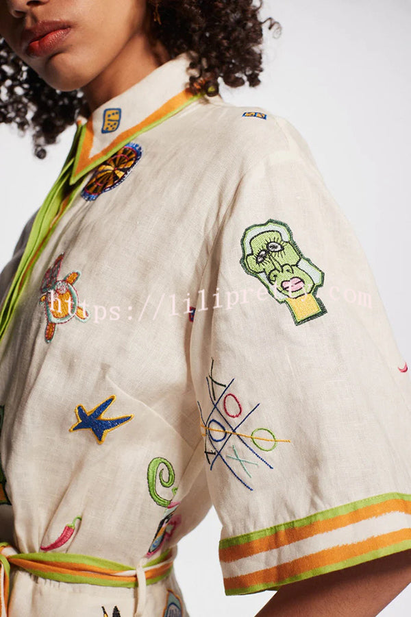 Britt Linen Blend Unique Printed Short Sleeved Pocket Tie Waist Mini Dress - Fashionpara