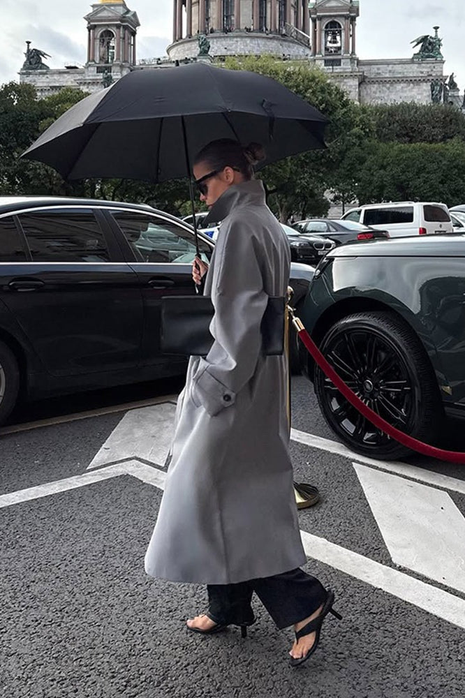 Elegant Solid Color Belted Long Overcoat for Chic Style