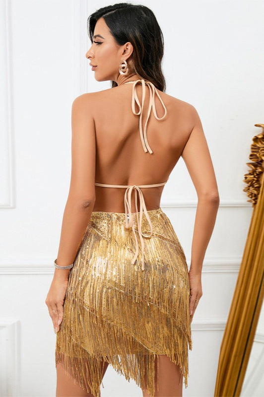 Solid Halter Tie V Neck Fringe Party Mini Sequin Dress