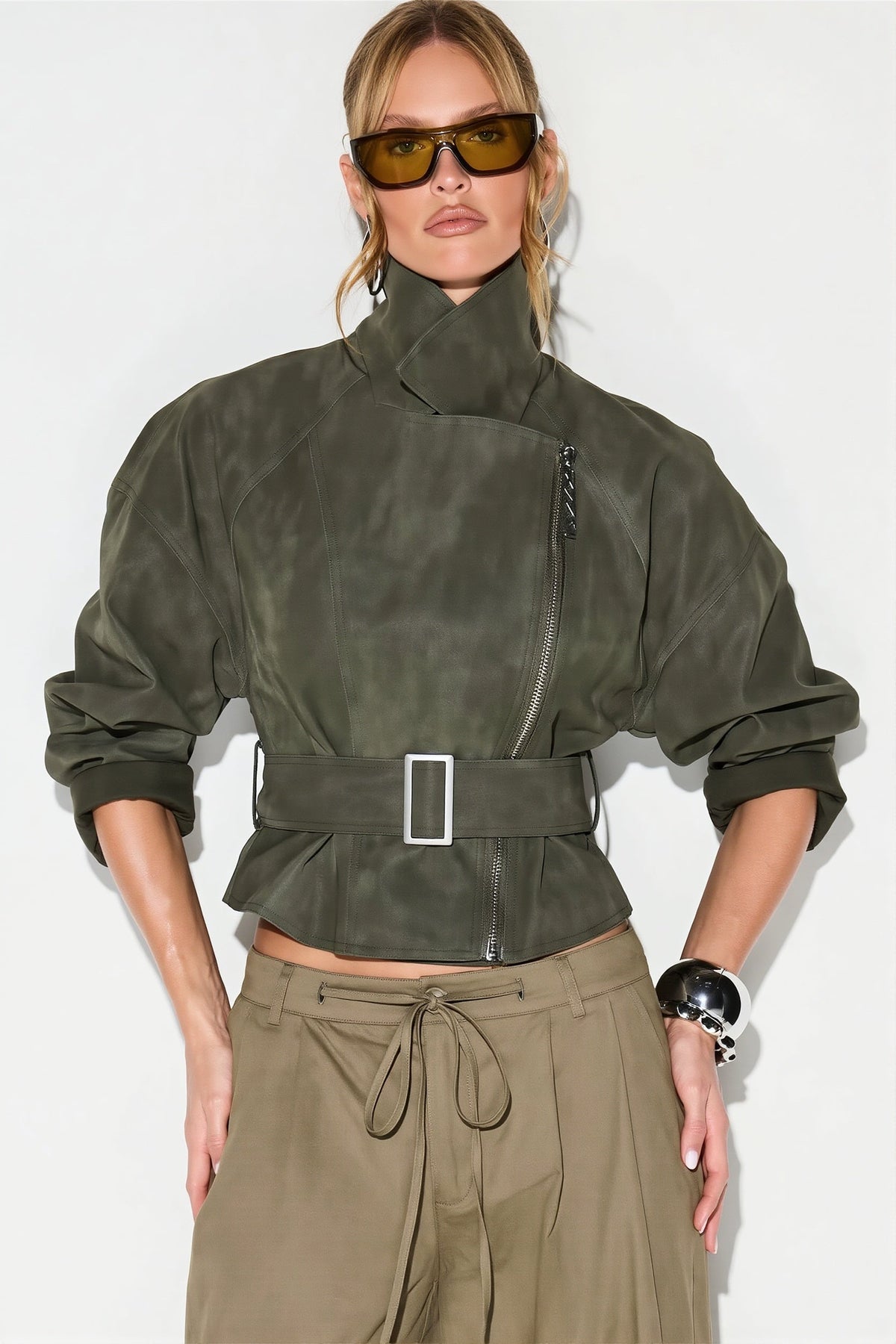 Belted Asymmetric Suede Look Jacket