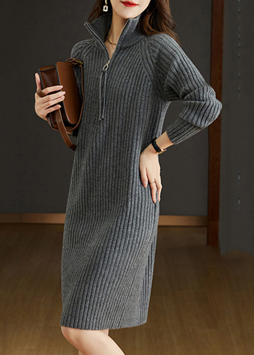 Ribbed Knit Mock Neck Half Zip Long Sleeve Shift Knee Length Dress - View 4