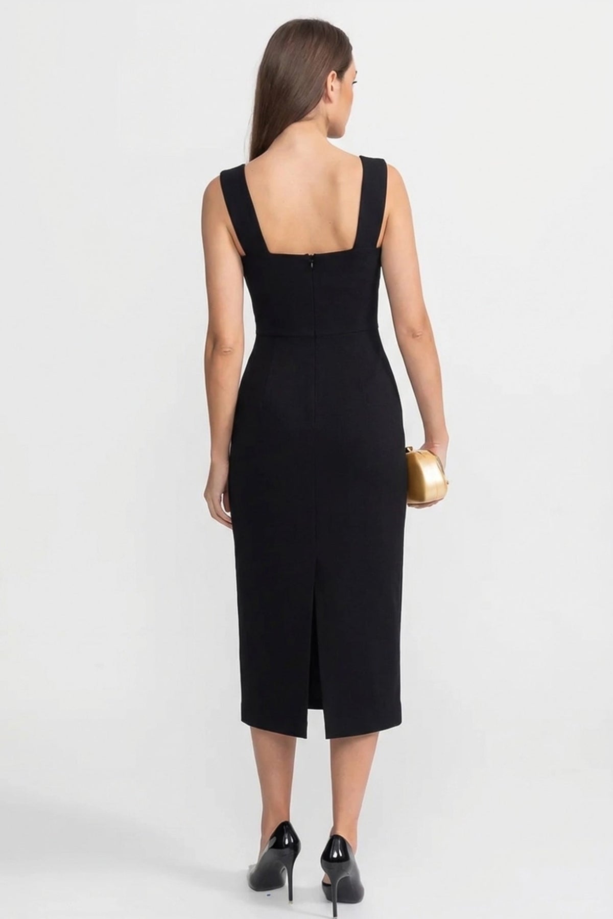 Structured Midi Dress with Sculpted Floral Accent – Black - View 4