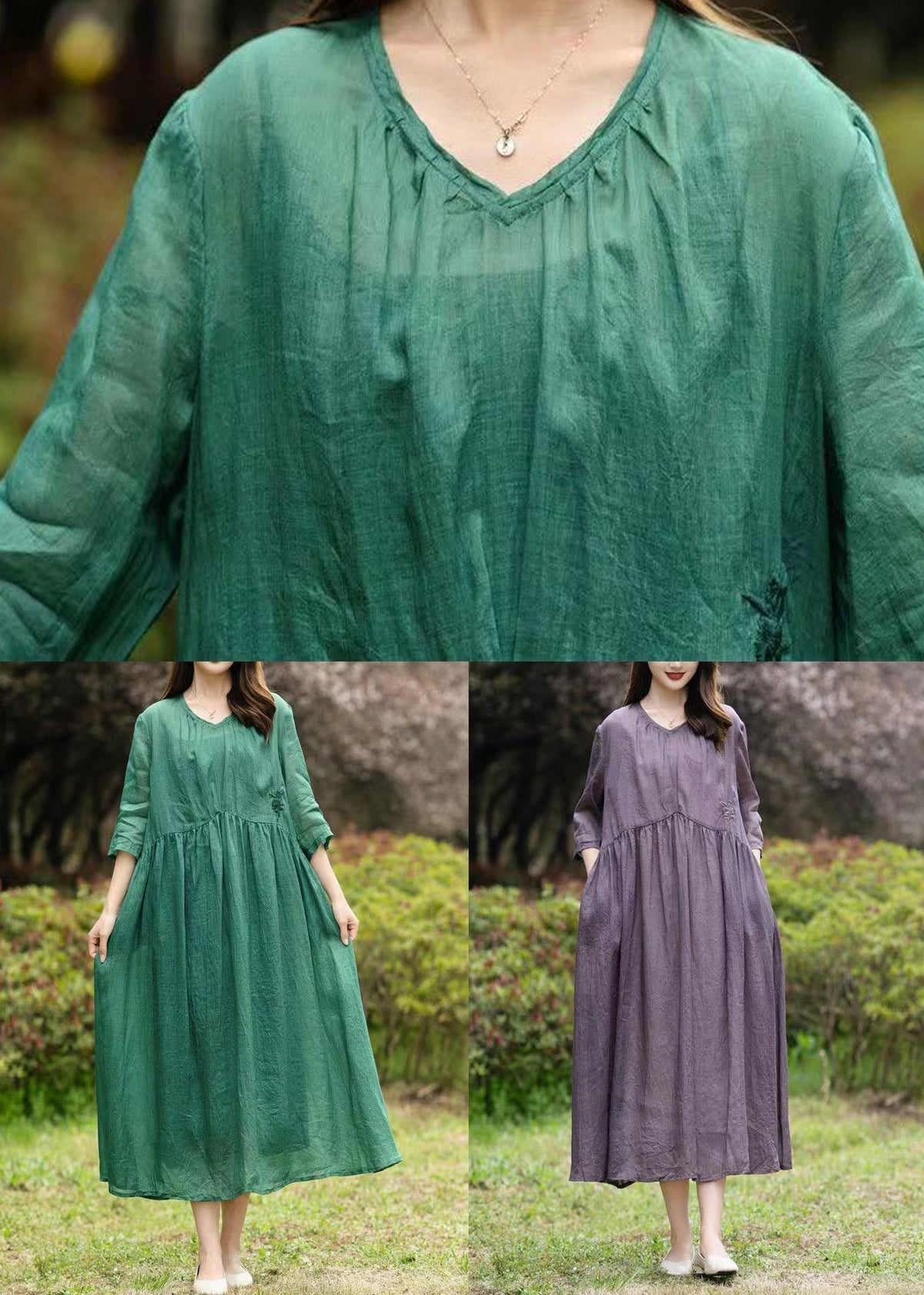 Crinkled Textured Empire Waist Three Quarter Sleeve Midi Dress - View 5