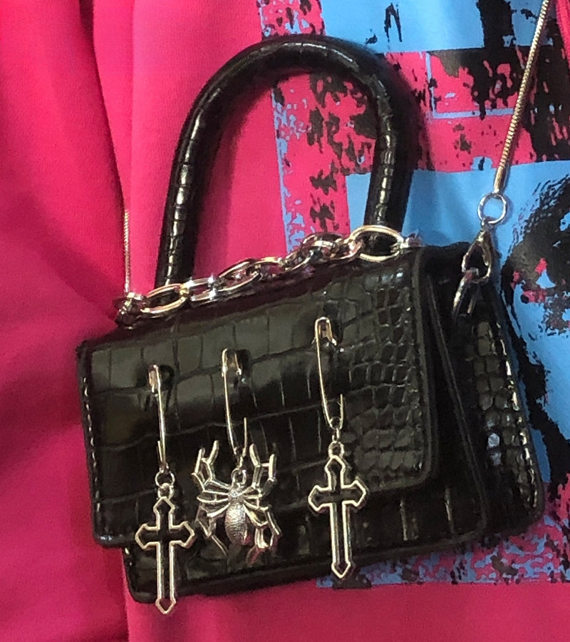 Y2K Gothic Metal Punk Pin Small Spider Rabbit Decorate Messenger Bag Black 1 Halloween