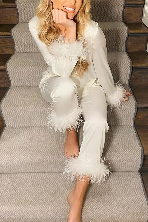 Solid Color Lapel Feather Trousers Two-piece Suit - Fashionpara