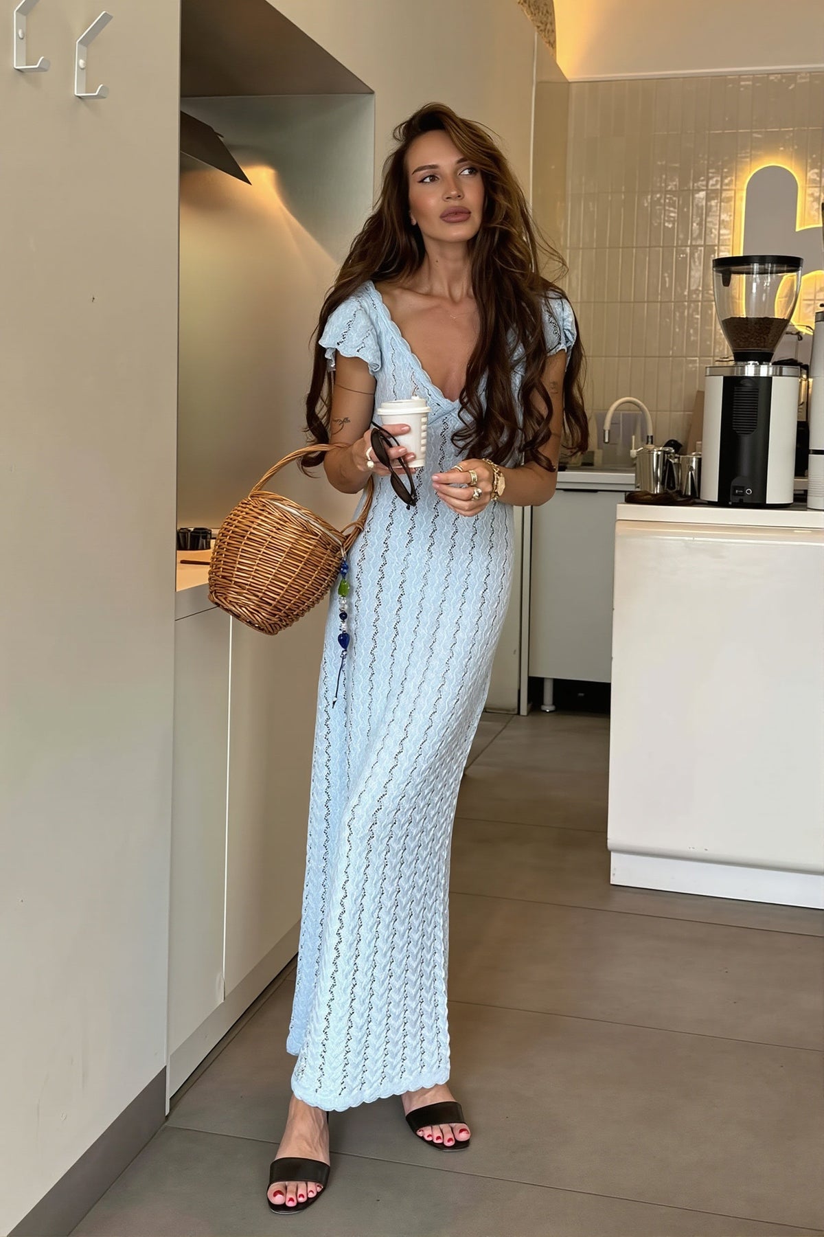 Crochet Knit V-Neck Flutter Sleeve Bodycon Maxi Dress 5