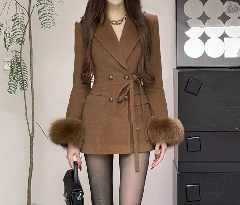 Slim Fit Woolen Gold Style Mid-Length Overcoat