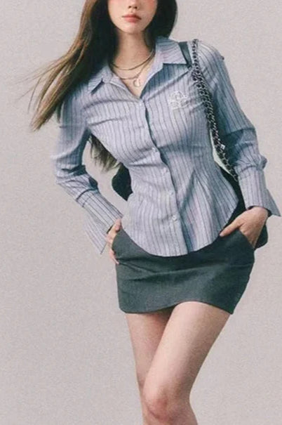 Embroidered Striped Slim Lapel Blouse