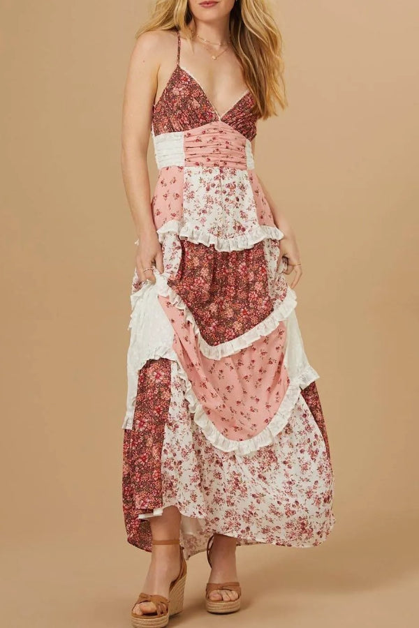 Elegant Patchwork Floral Print Maxi Dress - Fashionpara