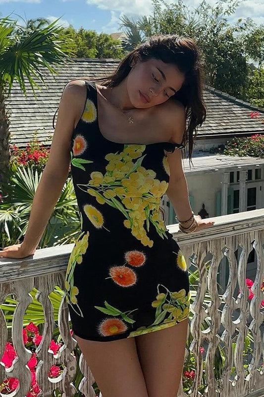 Floral Print Square Neck Sleeveless Bodycon Mini Dress 3