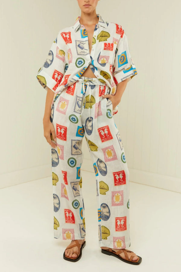 Fashion Printed Linen Casual All-match Shirt Cardigan Trousers - Fashionpara