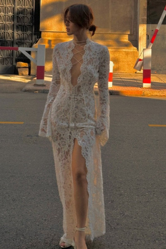 Trendy Lace Tie High Split Lace Dress - View 3