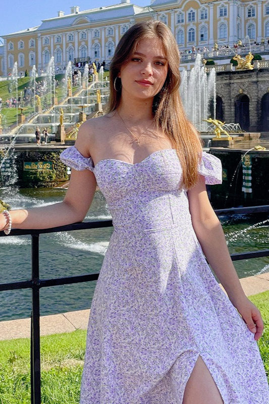 Floral Off Shoulder Puff Sleeve High Split Maxi Dress 14