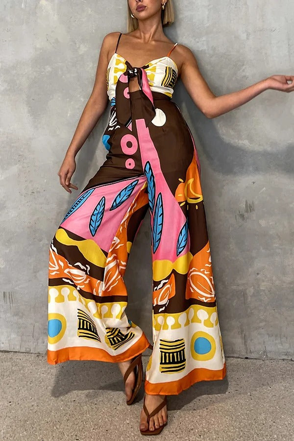 Unique Printed Suspenders Hollow Waist Wide-leg Jumpsuit - Fashionpara
