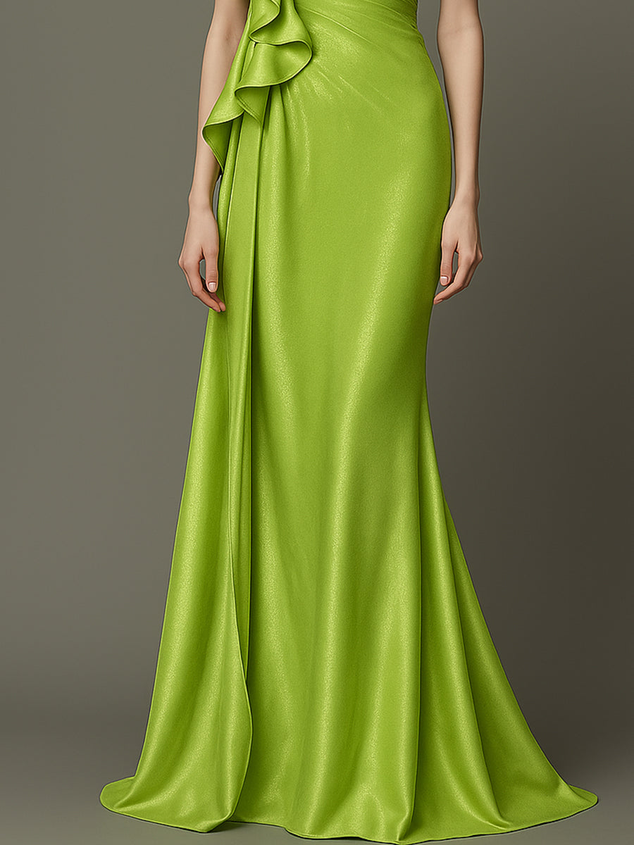 Lime Green One-Shoulder Ruffle Evening Gown
