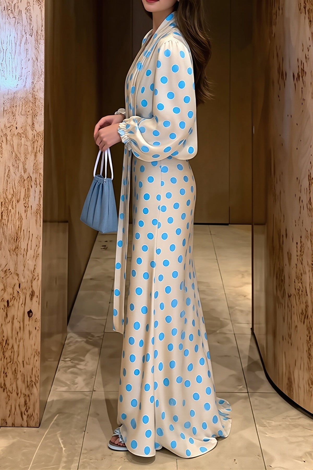 Polka Dot Keyhole Balloon Sleeve Mermaid Gown 7