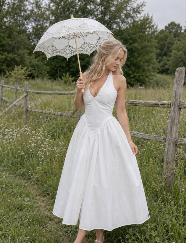 Deep V-Neck Halter Sleeveless Fit and Flare Midi Dress 2