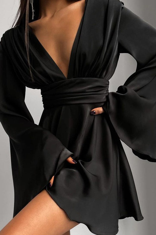 Satin Plunge V-Neck Flared Sleeve Wrap Mini Dress