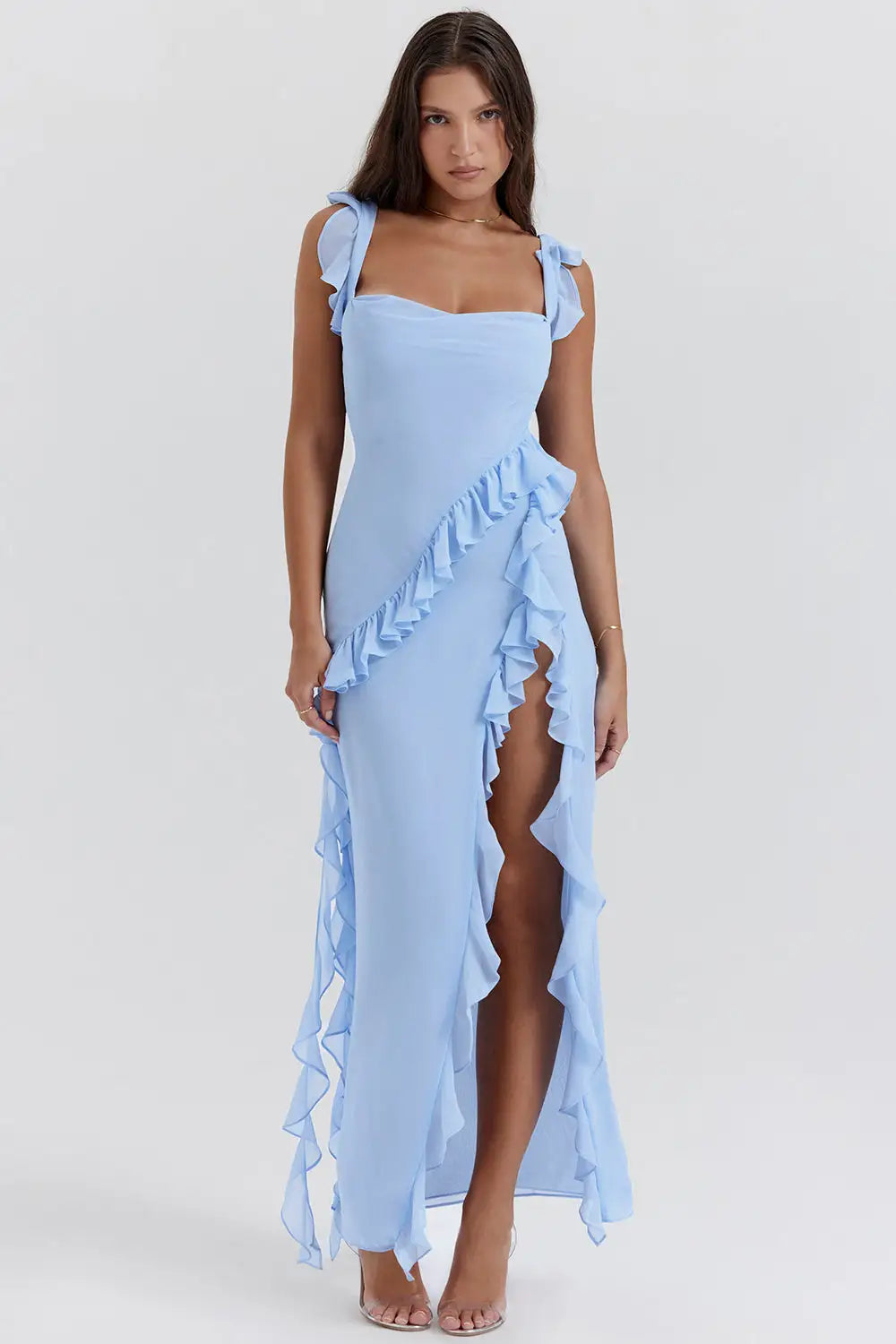 Chiffon Ruffle Strap Tiered High Split High Low Maxi Dress - View 3