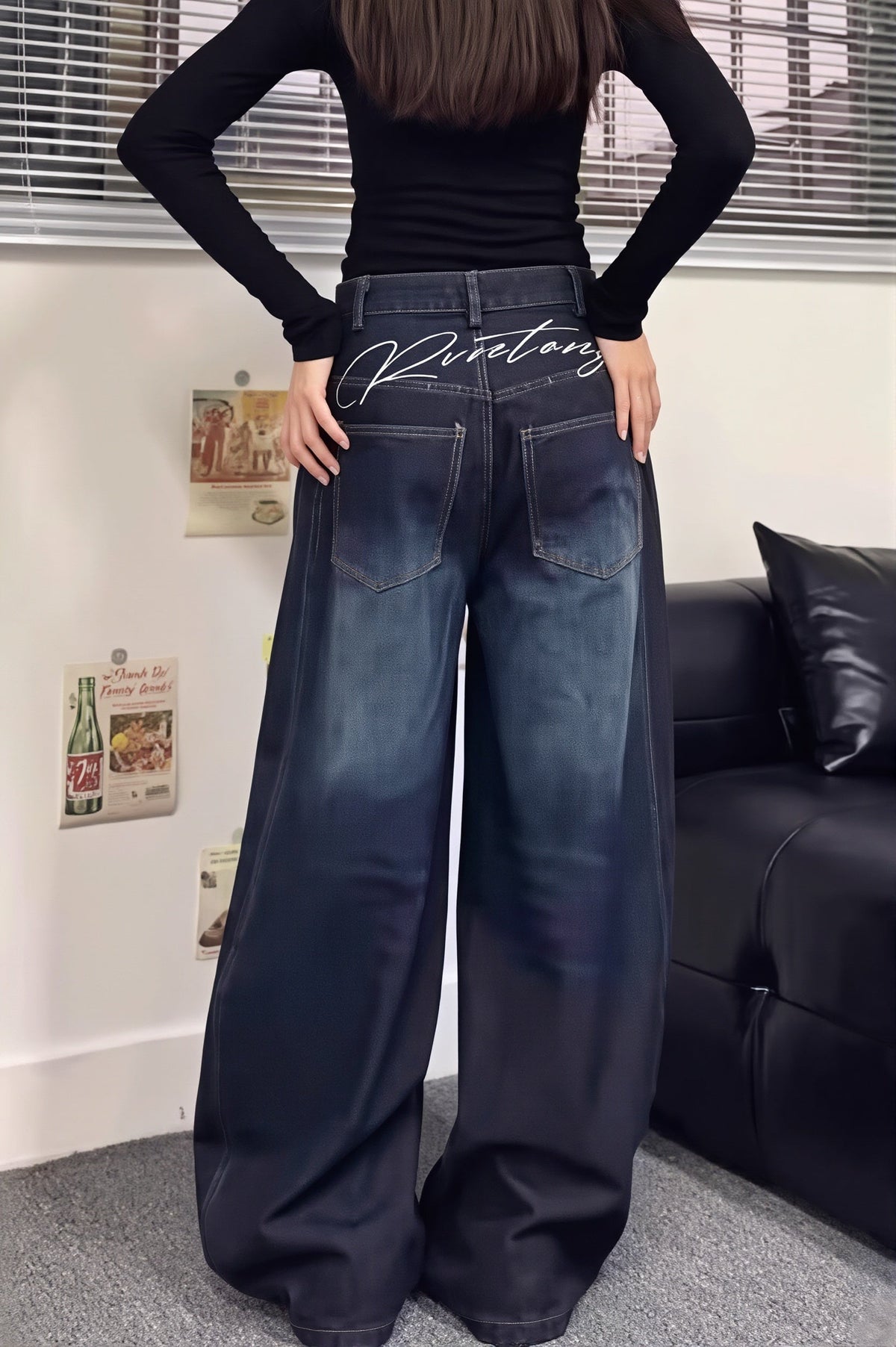 Letter Washed Barrel Leg Jeans
