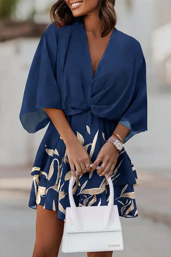 Heidi Plants Print Twist Design Batwing Sleeve Mini Dress - Fashionpara