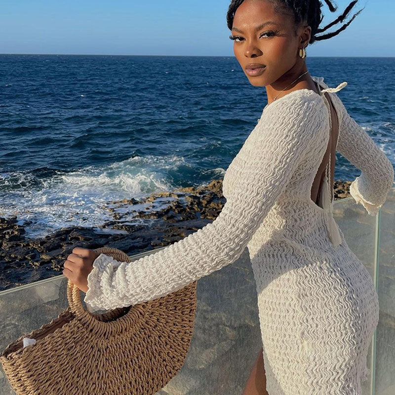 Textured Smocked Crew Neck Long Sleeve Mini Dress 2