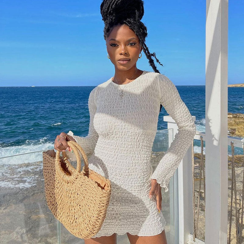 Textured Smocked Crew Neck Long Sleeve Mini Dress 3