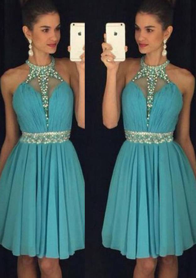 Beaded Elegant A-line/Princess Halter Short Chiffon Cocktail Dress - Fashionpara
