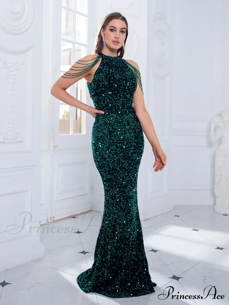 Beaded Sequin Halter Party Dress Green / S Partydress-241208