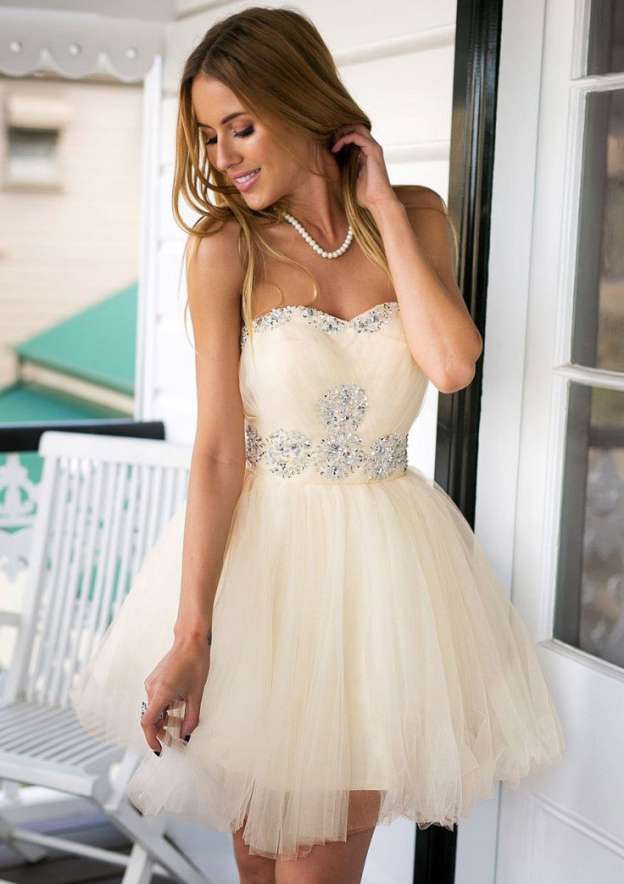Beaded Tulle Strapless Short Cocktail Dress Ball Gown - Fashionpara
