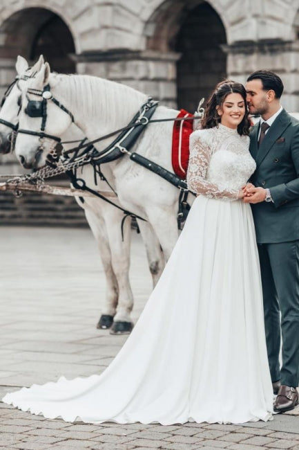 Beautiful A-line Long High Neck Lace Chiffon Wedding Dress with Long Sleeves - Fashionpara