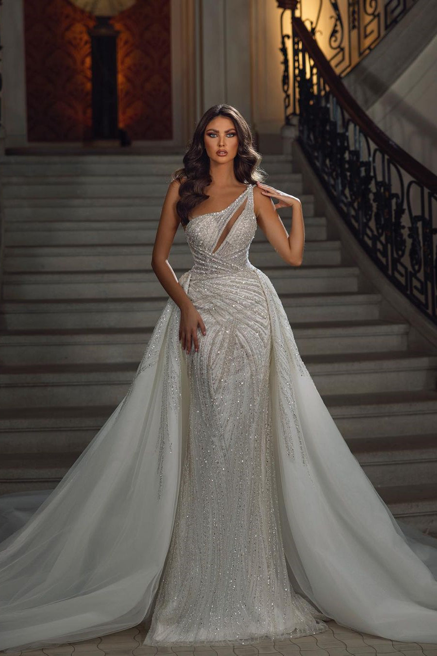 Beautiful Floor-Length Sleeveless Mermaid Sequined Wedding Gown with Lace Details - Fashionpara