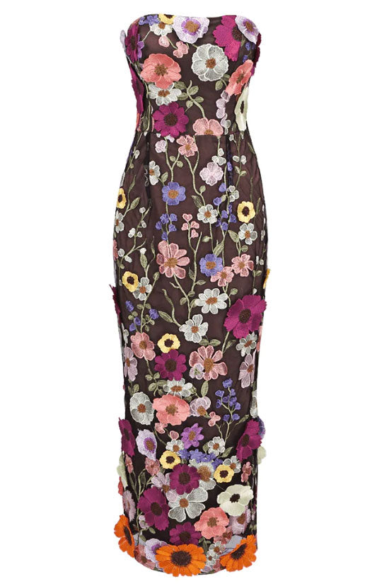 Beautiful Flower Embroidered Bodycon Strapless Cocktail Party Midi Dress - Floral - Fashionpara