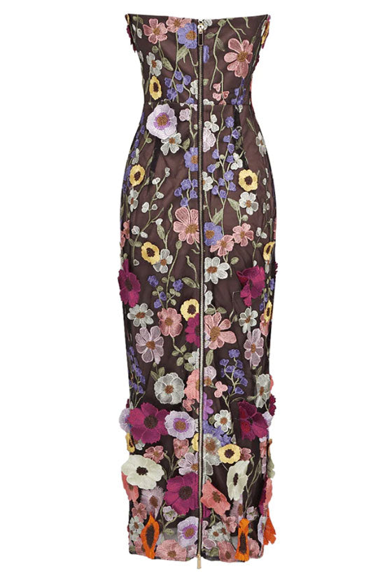 Beautiful Flower Embroidered Bodycon Strapless Cocktail Party Midi Dress - Floral - Fashionpara