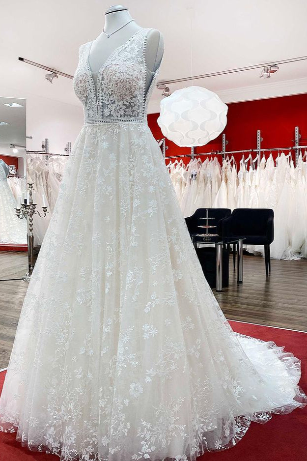 Beautiful Lace Appliques Tulle A-Line Wedding Dresses - Fashionpara