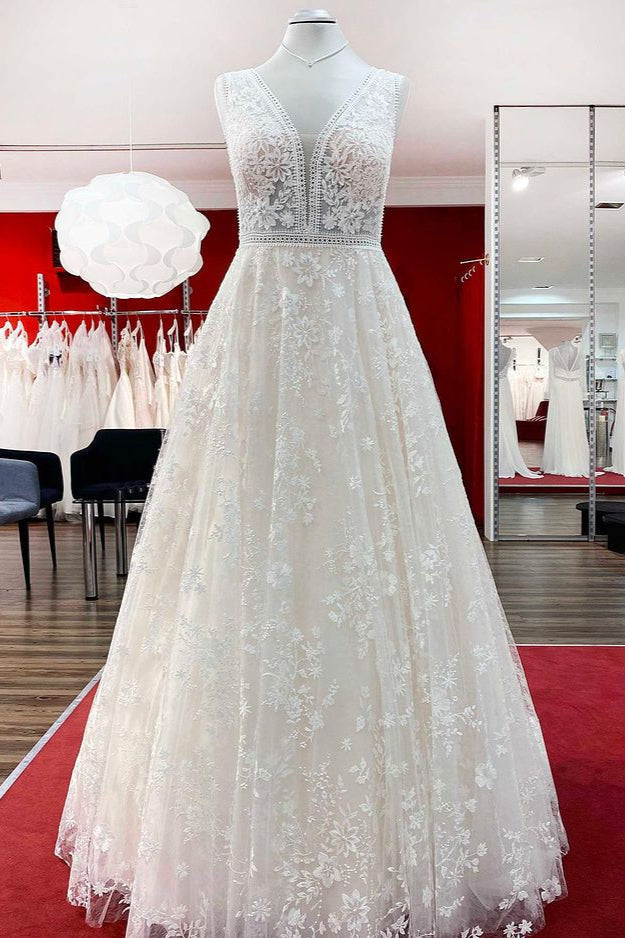 Beautiful Lace Appliques Tulle A-Line Wedding Dresses - Fashionpara