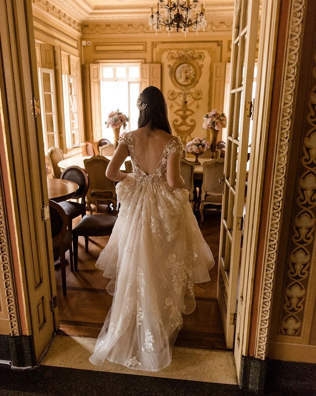 Elegant Long A-line V-neck Wedding Dress with Cap Sleeves and Lace Details - Fashionpara