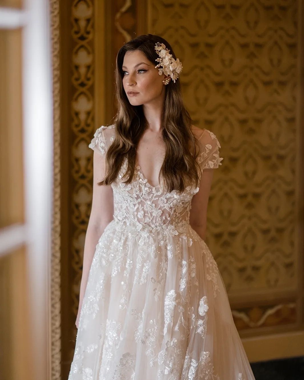 Elegant Long A-line V-neck Wedding Dress with Cap Sleeves and Lace Details - Fashionpara