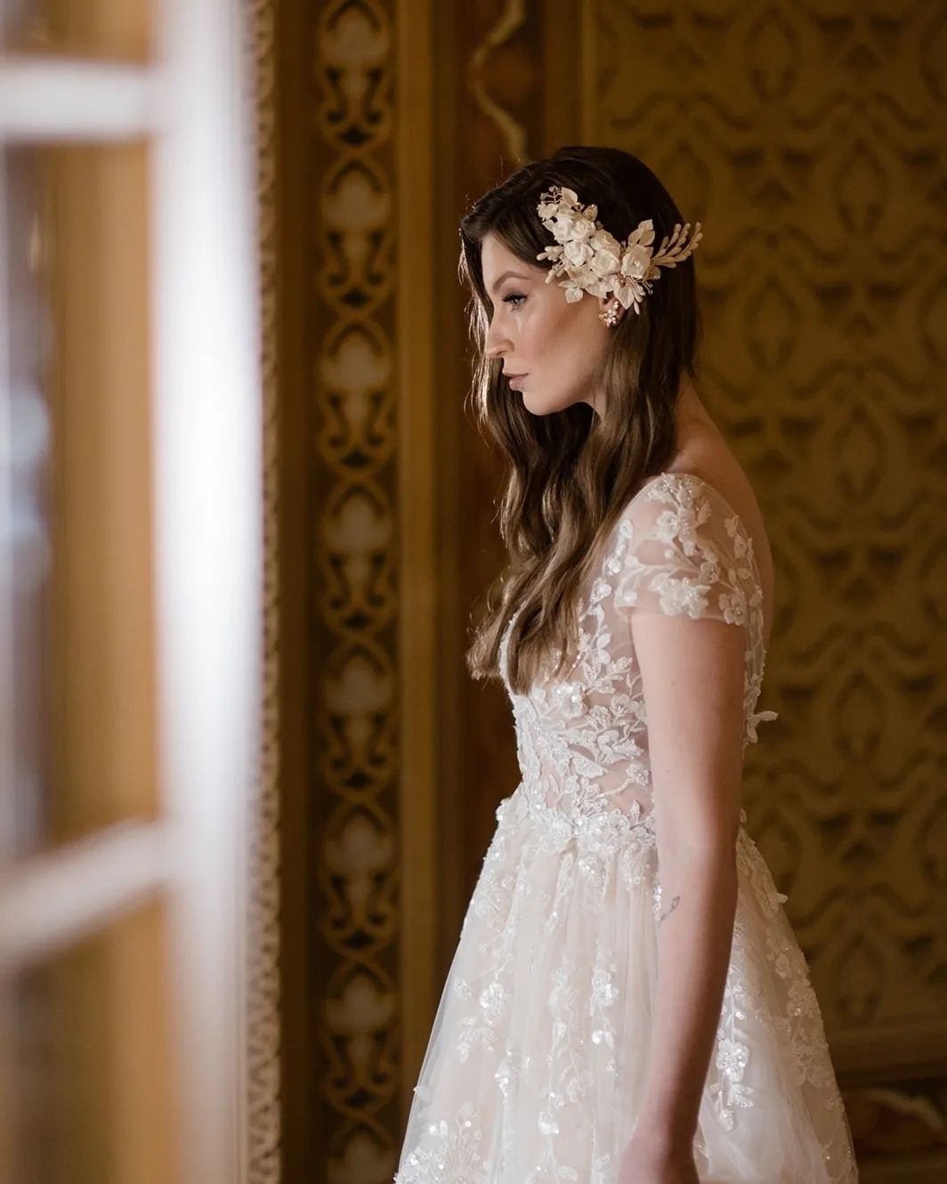 Elegant Long A-line V-neck Wedding Dress with Cap Sleeves and Lace Details - Fashionpara
