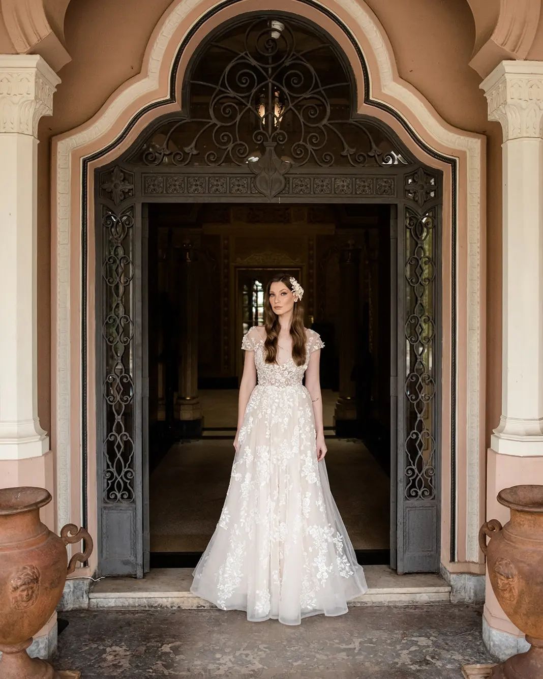 Elegant Long A-line V-neck Wedding Dress with Cap Sleeves and Lace Details - Fashionpara