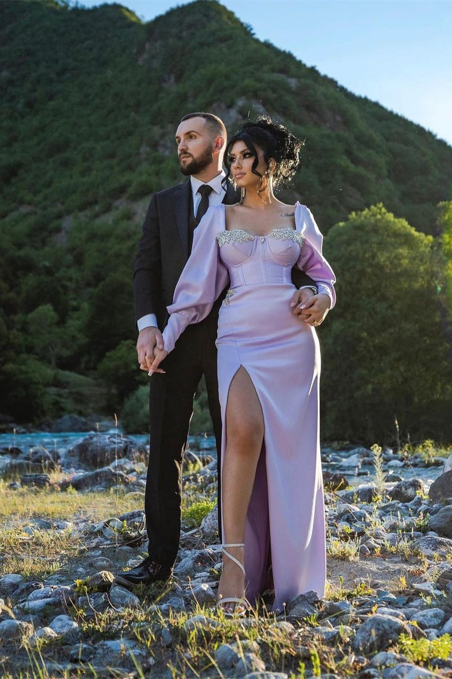 Glamorous Long Lilac Column Split Front Long Sleeves Prom Dress With Jewels - Fashionpara