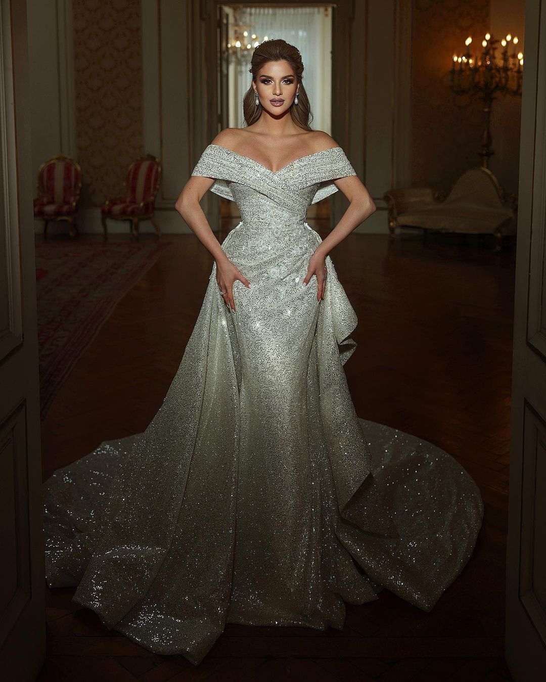 Beautiful Long Mermaid Off-The-Shoulder Sequined Sleeveless Wedding Dress - Fashionpara