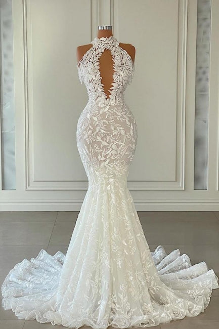 Beautiful Long Mermaid Sleeveless Wedding Gown Adorned with Delicate Lace - Fashionpara