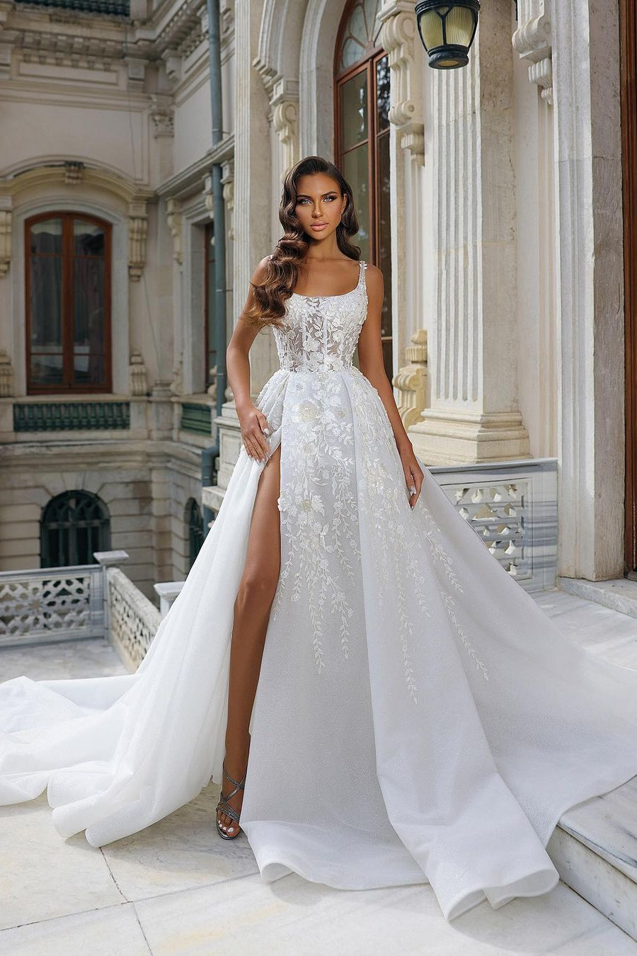 Exquisite White Strappy A-line Sleeveless Lace Wedding Gown Featuring a Slit - Fashionpara